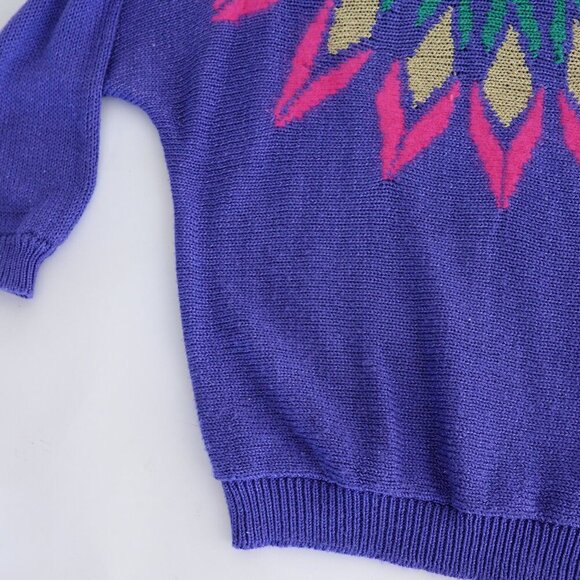 Vintage Franco Valeri Purple Knit Floral Abstract Shoulder Pad Scoop Sweater Xl - Picture 6 of 13